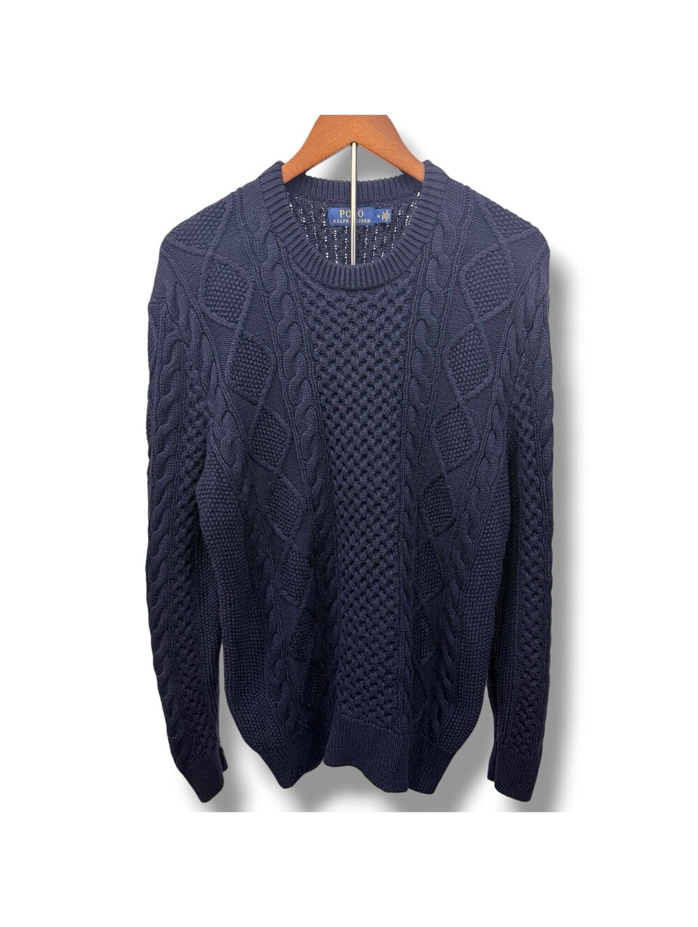 Polo Ralph Lauren Cable Knit Fisherman Sweater Mens M Navy Cotton Crewneck